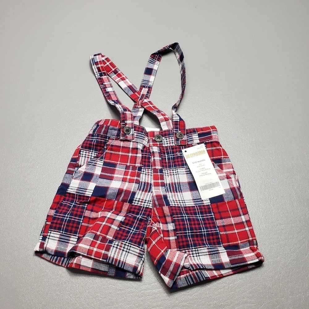 New gymboree blue and red plaid overall shorts babys size 6-12 months